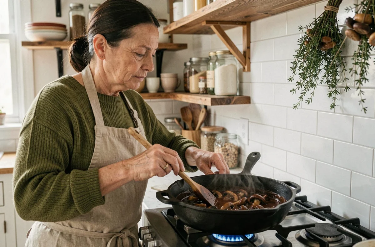 Femme préparant une sauce aux cèpes dans une casserole en fonte sur une cuisinière à gaz