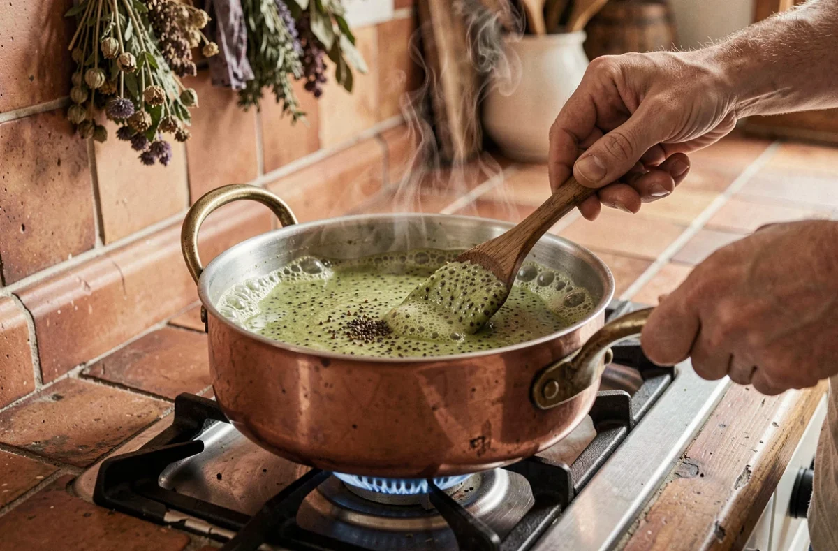 Préparation d'une sauce au poivre vert crémée dans une casserole en cuivre sur feu vif