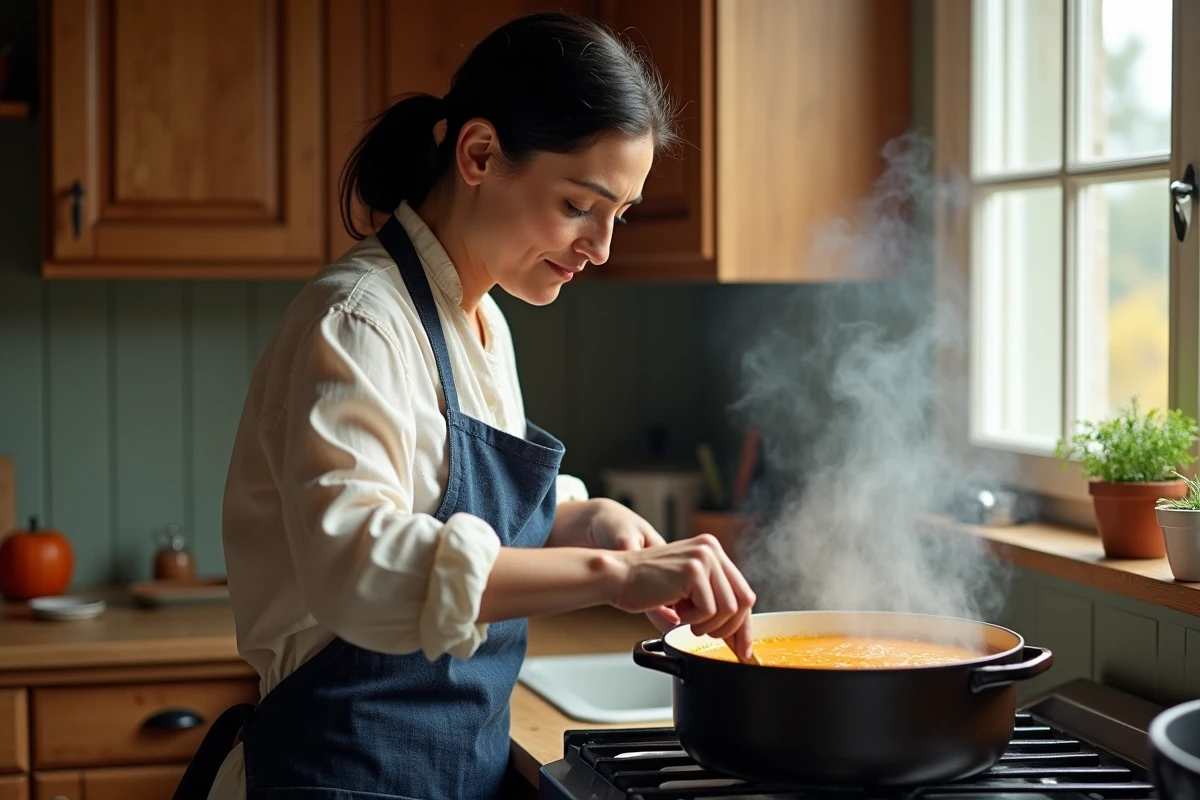 Femme préparant une soupe épaisse de courge longue de Nice dans une cocotte en fonte émaillée dans une cuisine française authentique