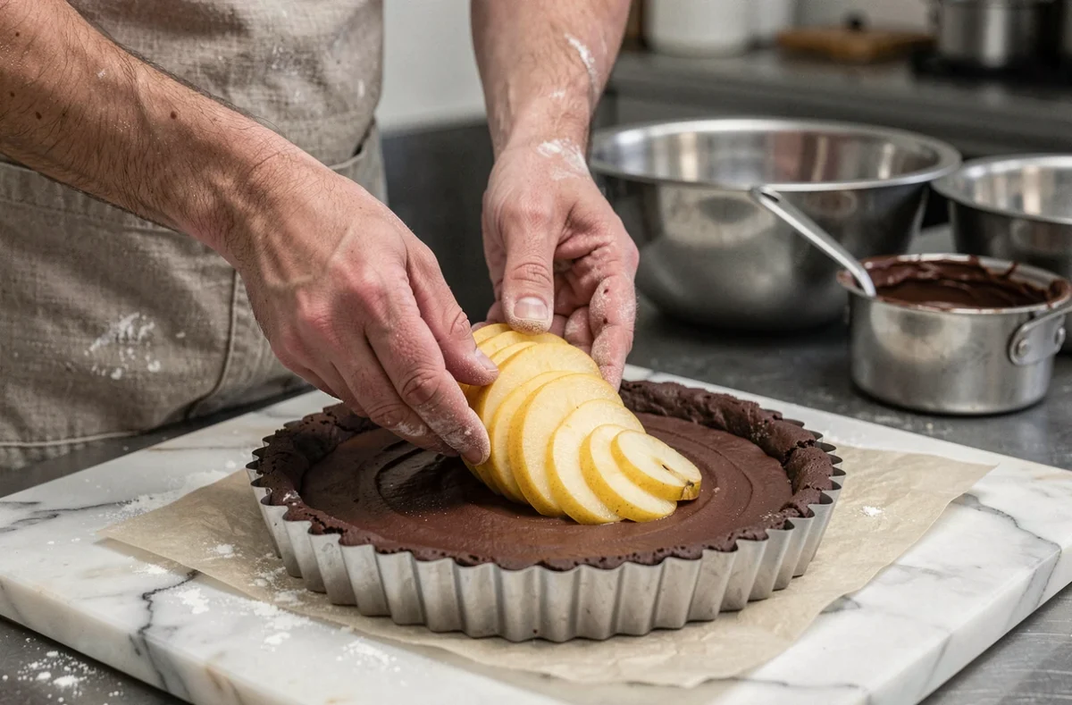 Mains de pâtissier disposant des tranches de poire sur une tarte au chocolat crue en cuisine professionnelle