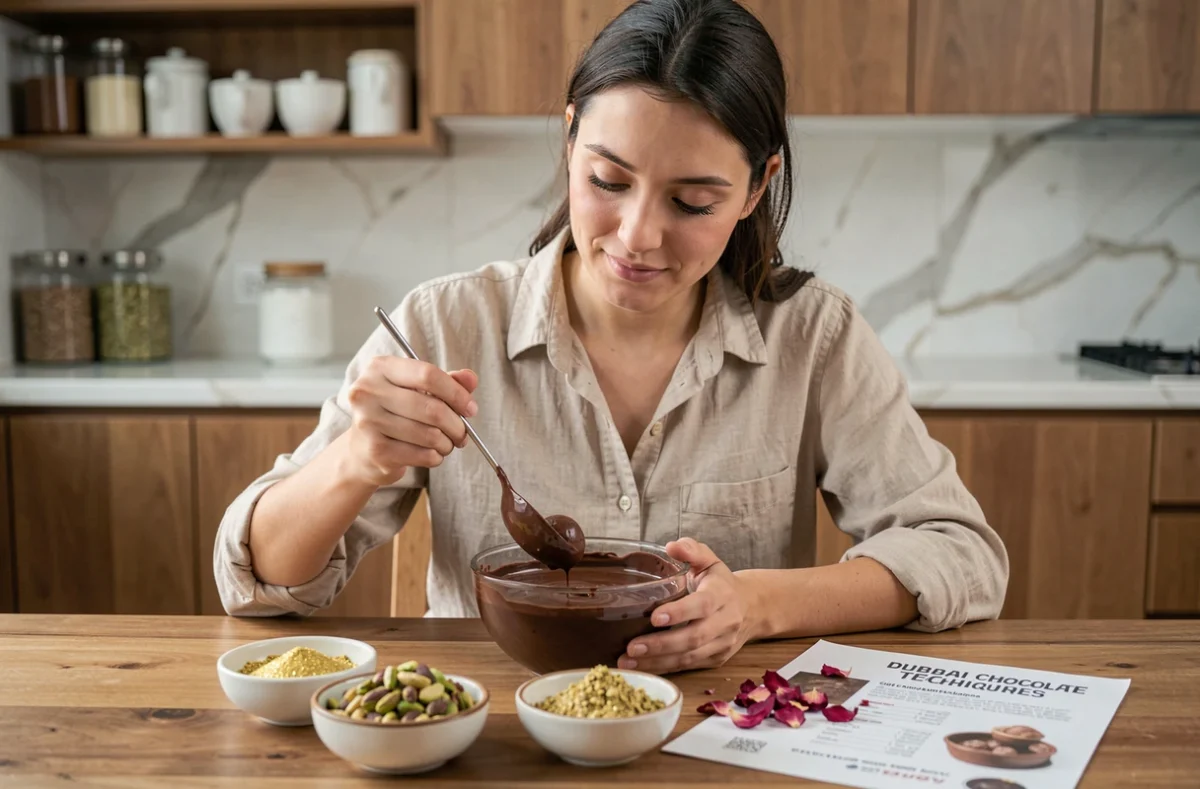 Jeune femme préparant des truffes au chocolat maison selon une recette inspirée des chocolateries de Dubaï dans une cuisine moderne