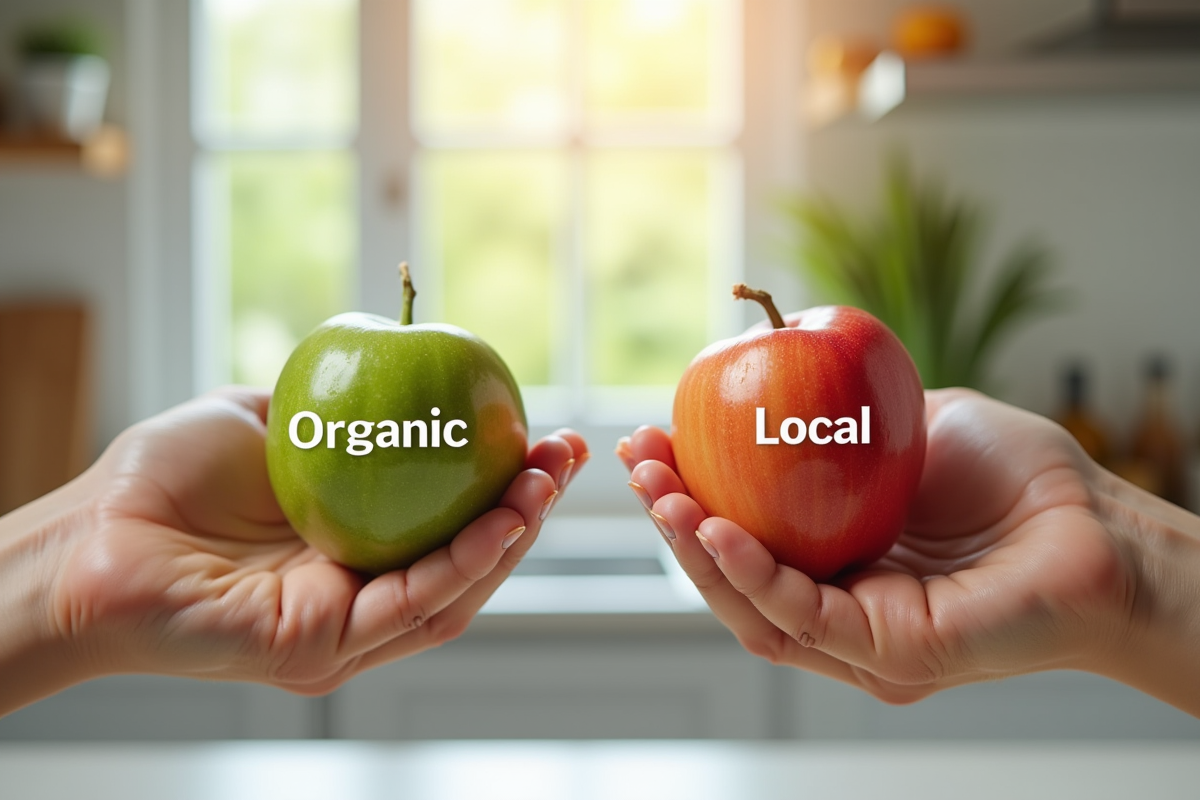 Mains tenant produits bio et locaux dans une cuisine lumineuse