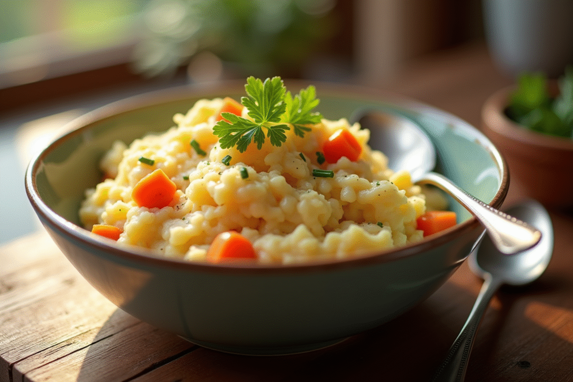 Bol de purée de carottes et pommes de terre garnie de persil