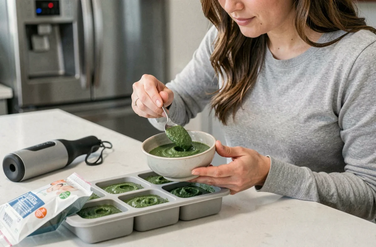 Femme remplissant un moule de congélation avec de la purée de haricots verts pour bébé