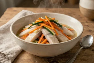 Bol de julienne de poisson sans arêtes avec légumes colorés pour enfants, servi sur une table en bois