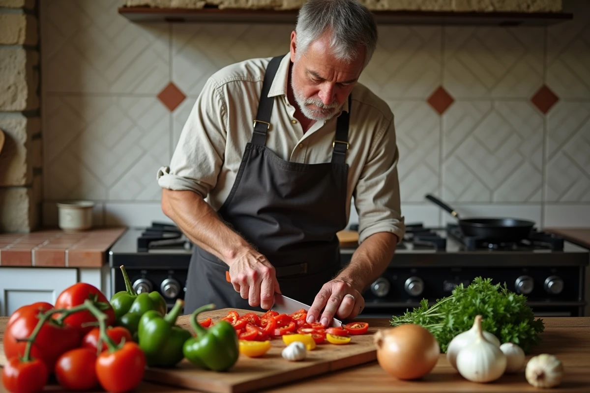 Homme préparant une piperade basque dans une cuisine de ferme traditionnelle au Pays Basque avec poivrons frais et tomates
