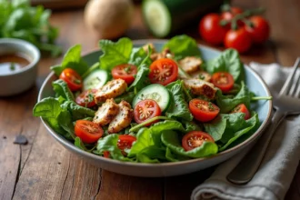 Repas du soir léger avec salade de poulet grillé et légumes frais sur table en bois rustique
