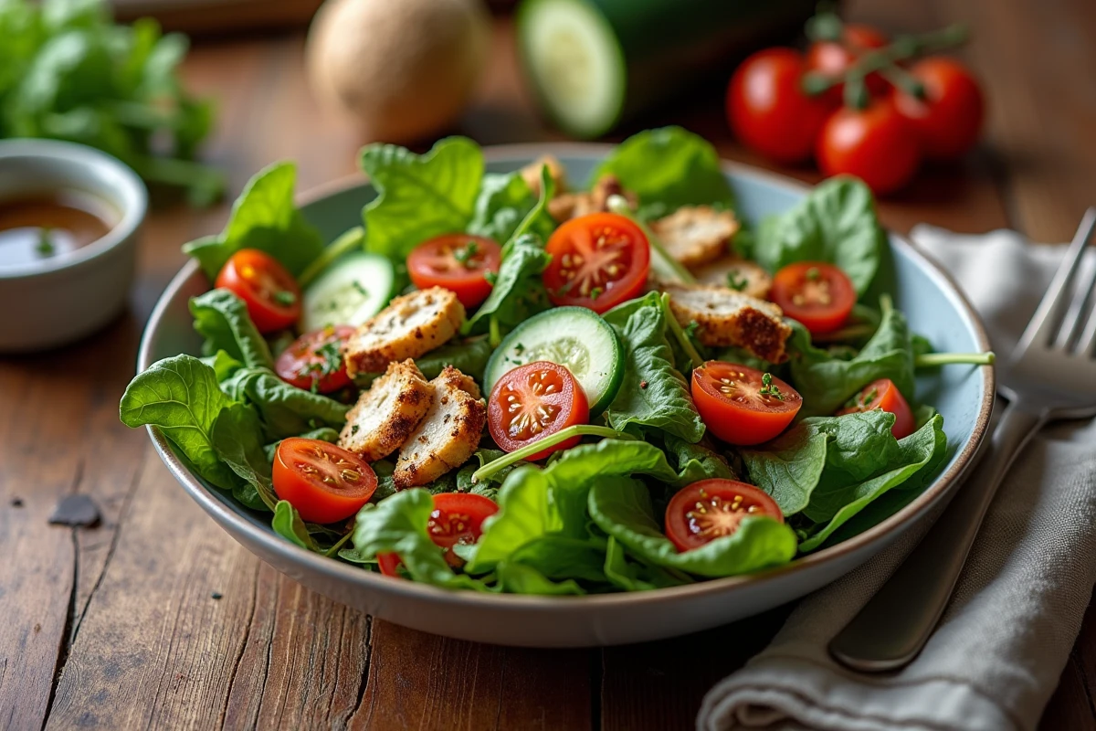 Repas du soir léger avec salade de poulet grillé et légumes frais sur table en bois rustique