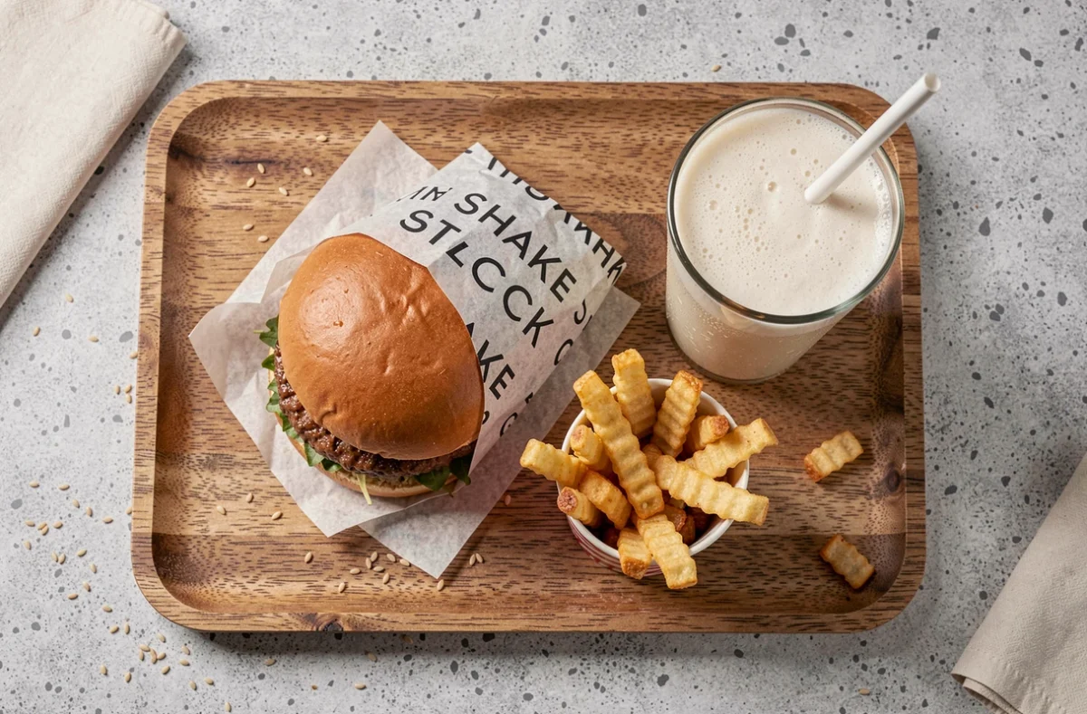 Vue aérienne d'un repas complet Shake Shack avec burger double, frites et milkshake vanille sur plateau en bois