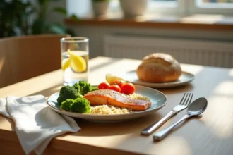 Repas équilibré du midi avec saumon grillé, quinoa et légumes vapeur sur une table en bois clair