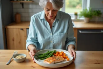 Femme diabétique préparant un repas équilibré le soir avec du saumon, des légumes et des glucides complexes
