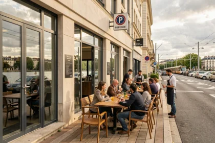 Restaurant en bord de lac à Bordeaux avec terrasse extérieure, arrêt de tram et parking visible à proximité