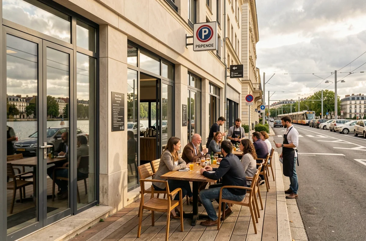 Restaurant en bord de lac à Bordeaux avec terrasse extérieure, arrêt de tram et parking visible à proximité