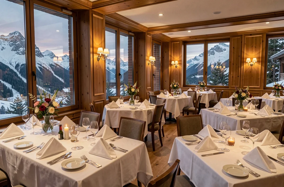 Salle de restaurant gastronomique étoilé Michelin en Auvergne-Rhône-Alpes avec vue sur les Alpes