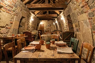 Restaurant insolite à Lille avec décoration cave en pierre voûtée et mobilier vintage bohème