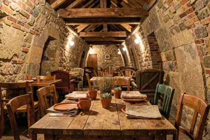 Restaurant insolite à Lille avec décoration cave en pierre voûtée et mobilier vintage bohème