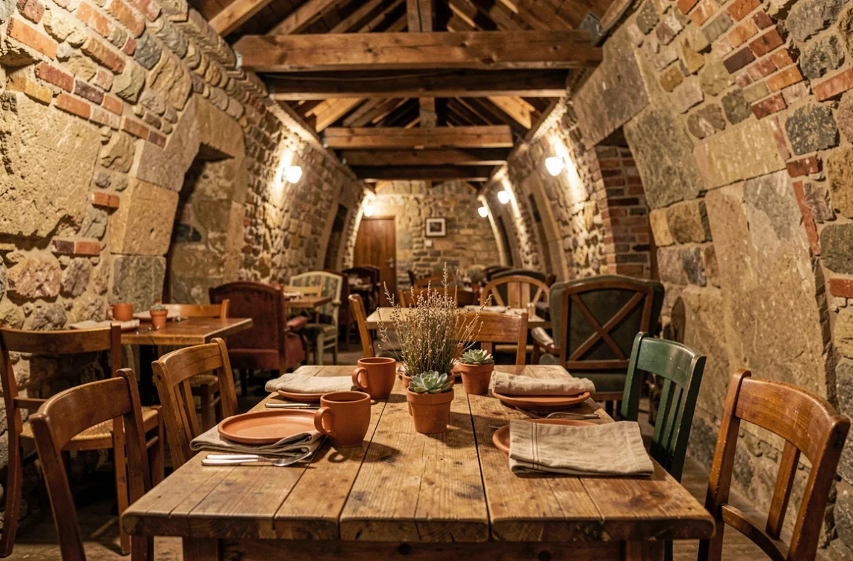 Restaurant insolite à Lille avec décoration cave en pierre voûtée et mobilier vintage bohème