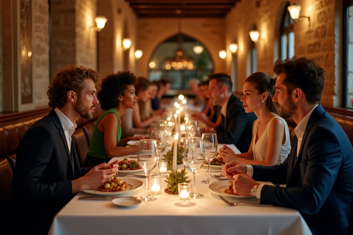 Salle de restaurant gastronomique de Philippe Etchebest à Marseille avec des convives attablés et une décoration méditerranéenne chaleureuse