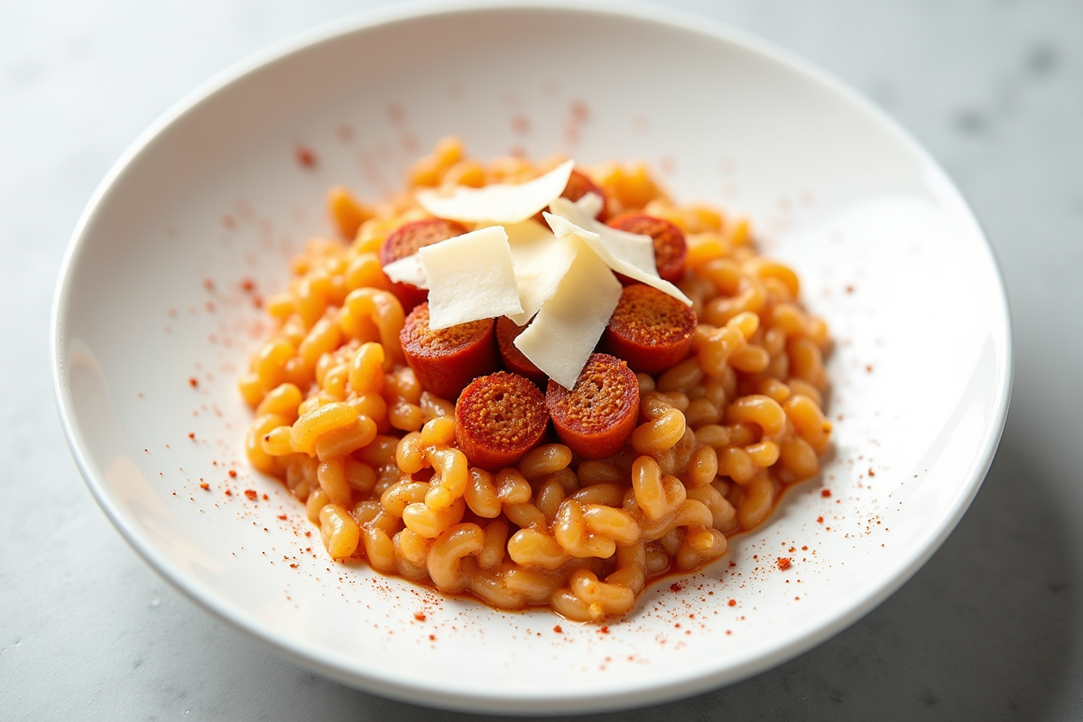Assiette de risotto au chorizo avec paprika et parmesan