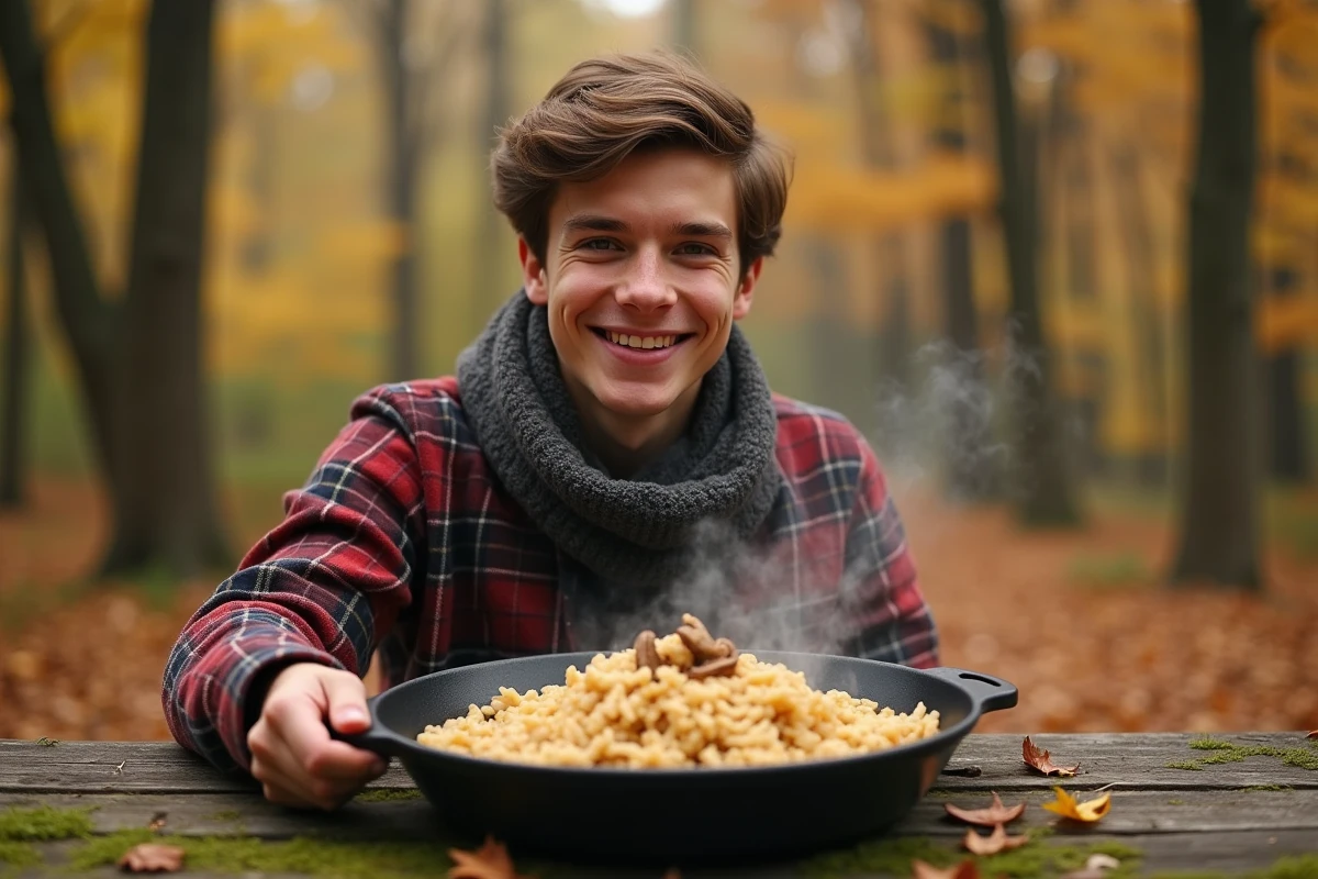 Jeune homme avec risotto aux champignons dans un cadre automnal