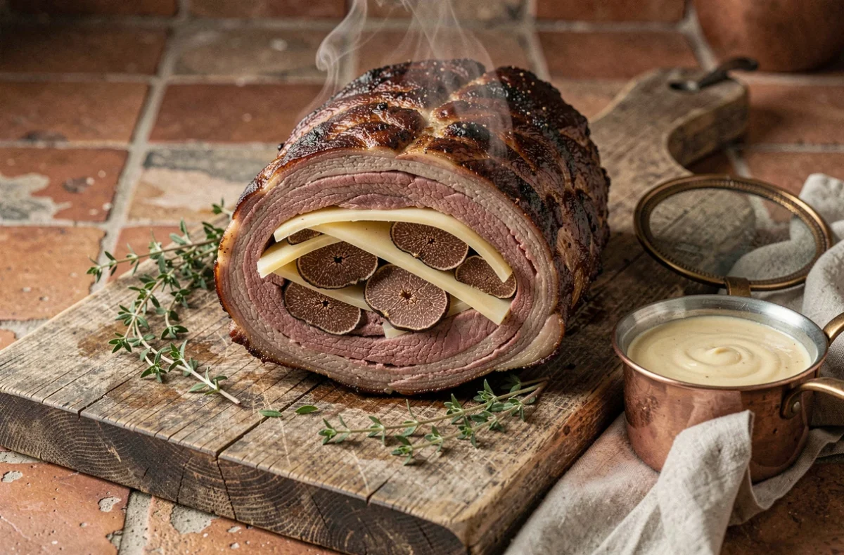 Rôti Orloff tranché sur une planche en bois rustique avec sauce Mornay et herbes fraîches