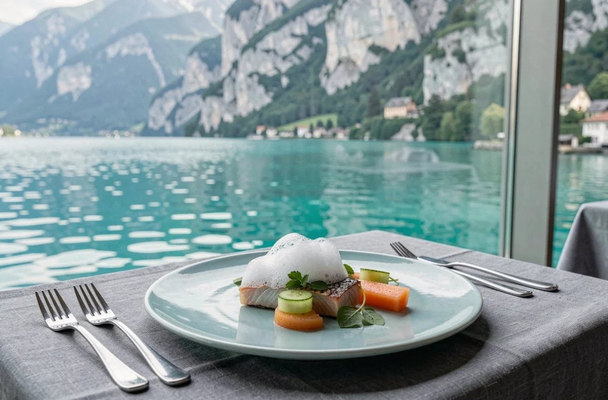 Assiette de cuisine gastronomique du restaurant Saba à Annecy avec omble chevalier du lac et vue sur le Lac d'Annecy