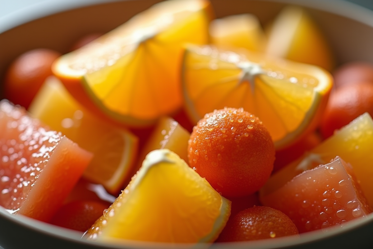 Salade de fruits avec orange jujube et pamplemousse en gros plan