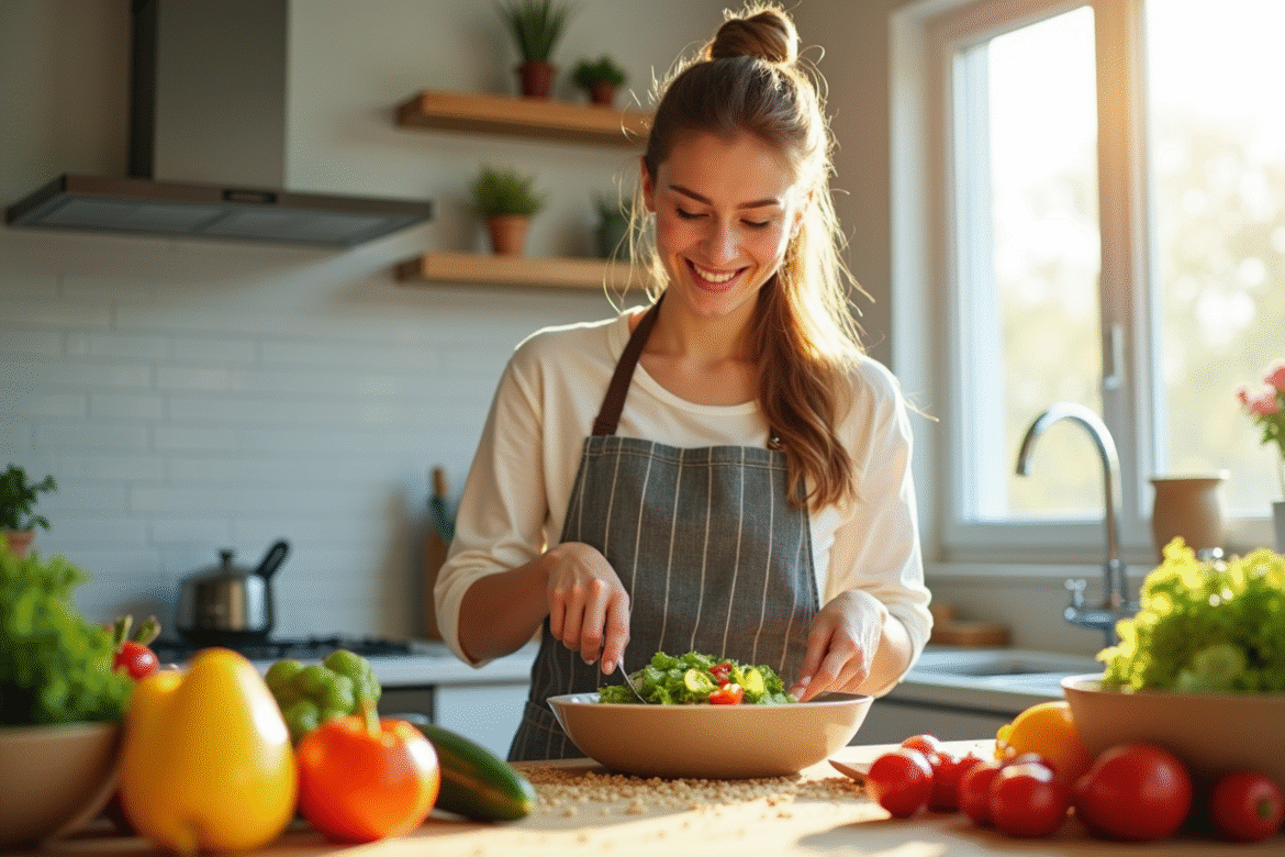 Jeune femme préparant une salade colorée dans une cuisine lumineuse