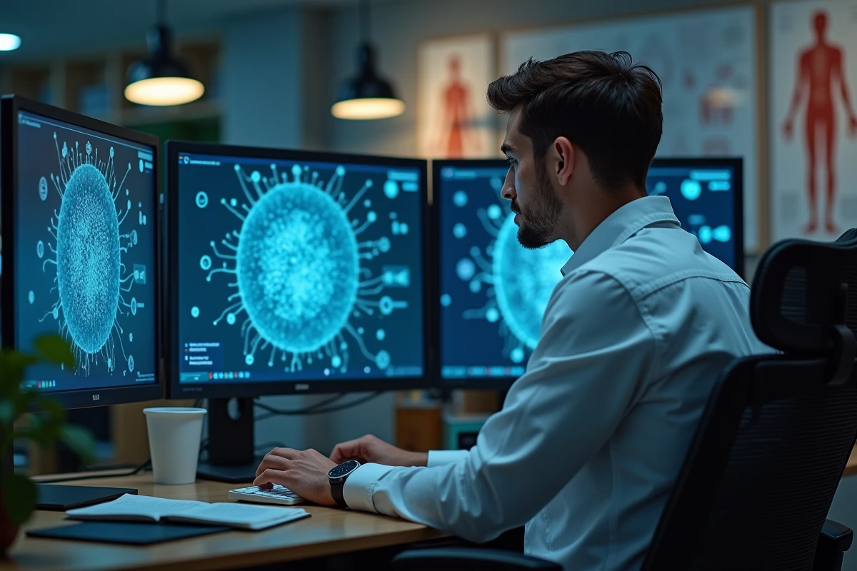 Scientifique medical et ecran avec images de cellules