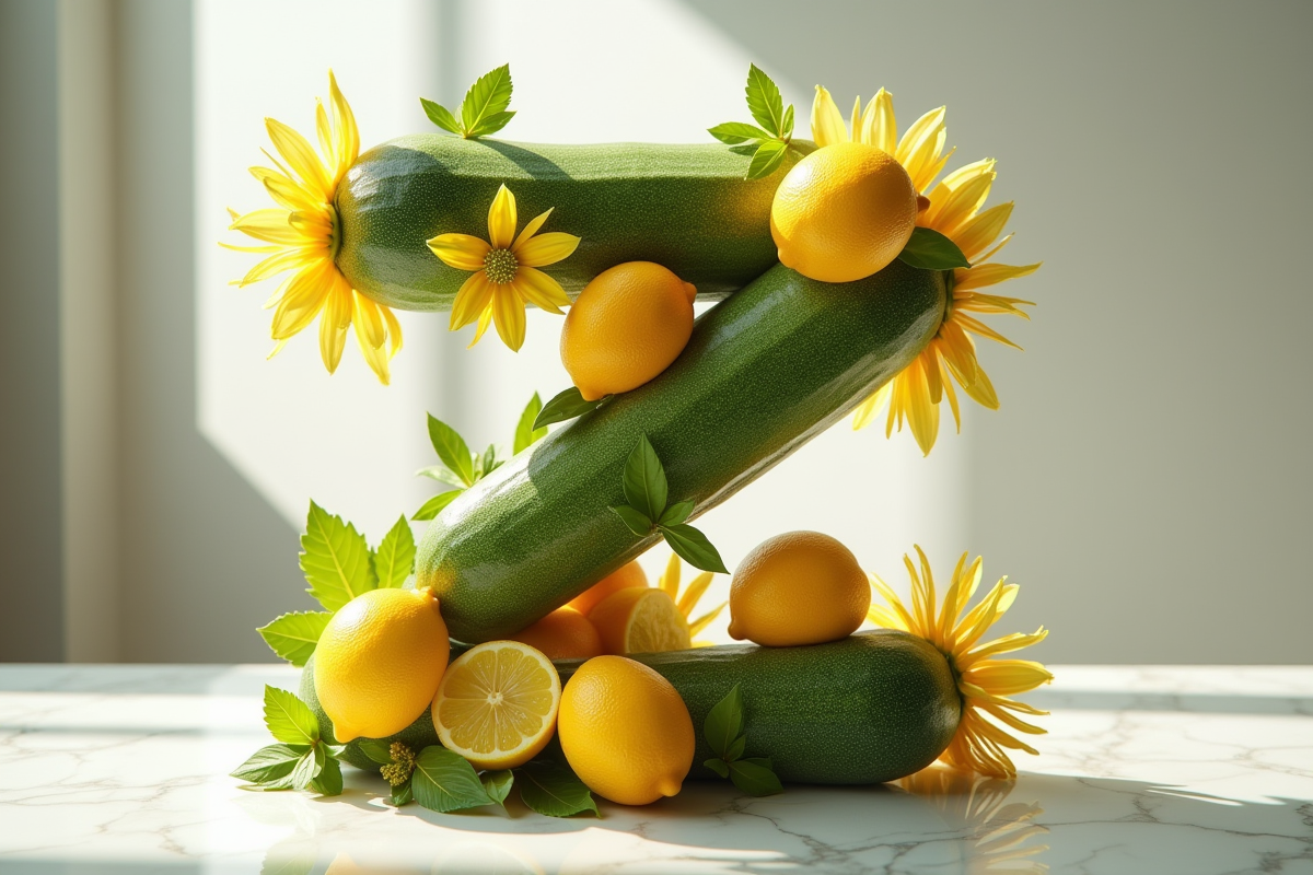  sculpture artistique en fruits et légumes en forme de Z sur marbre blanc