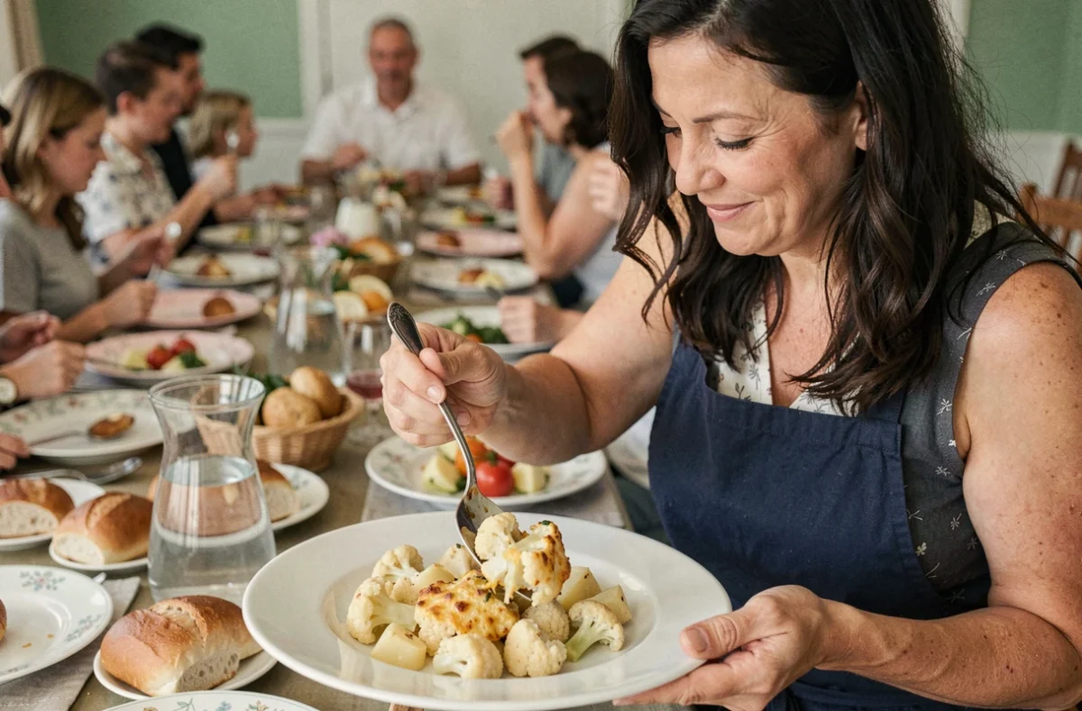 Femme servant une portion de gratin chou-fleur pomme de terre lors d'un repas en famille pour une grande tablée