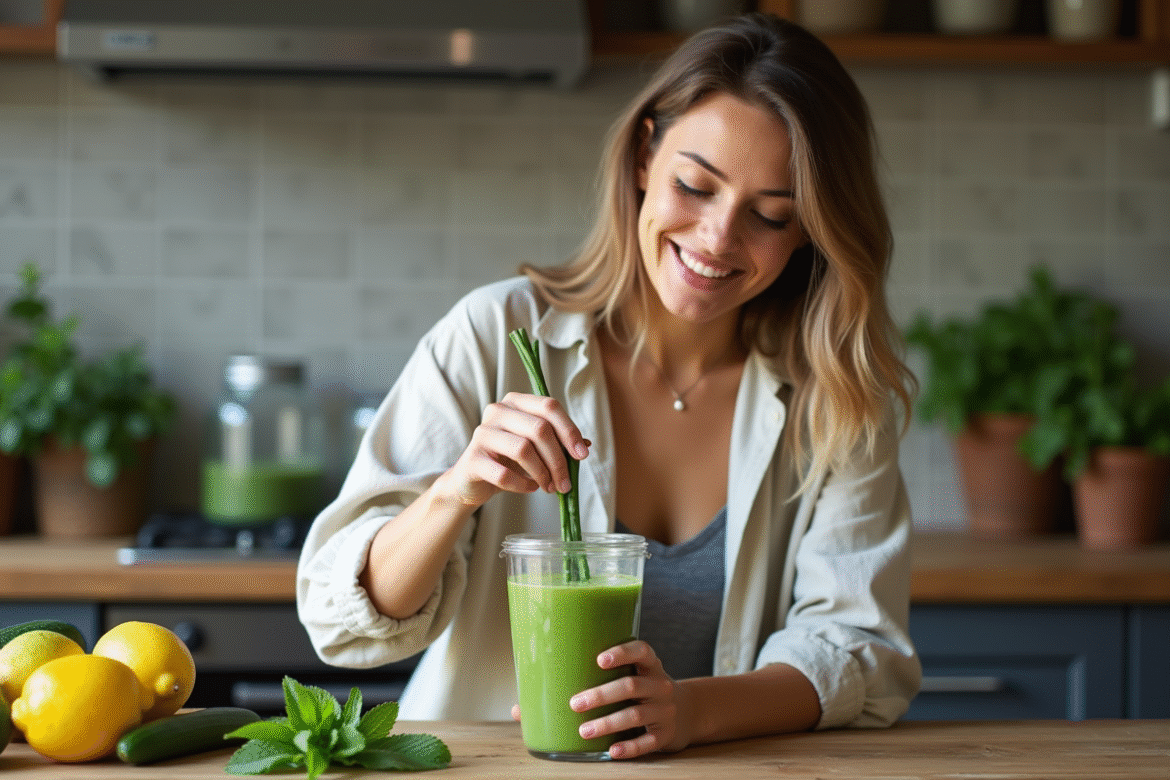 Jeune femme verse un smoothie vert dans un verre en cuisine
