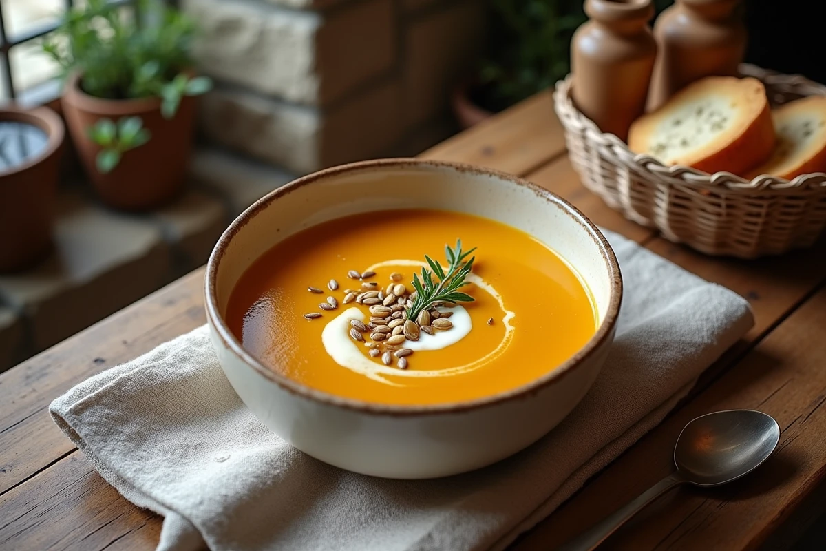 Soupe épaisse de courge longue de Nice servie dans un bol en céramique rustique façon bistrot, garnie de crème fraîche et graines de courge grillées