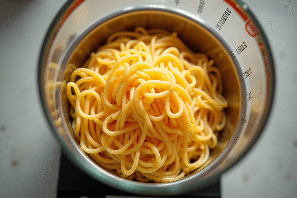 Spaghetti crus peses sur une balance de cuisine en lumière naturelle