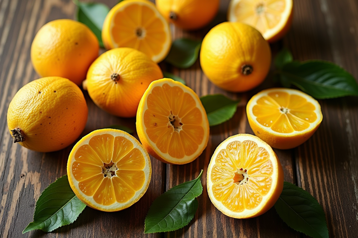Plusieurs starfruits entiers et tranchés sur une table en bois
