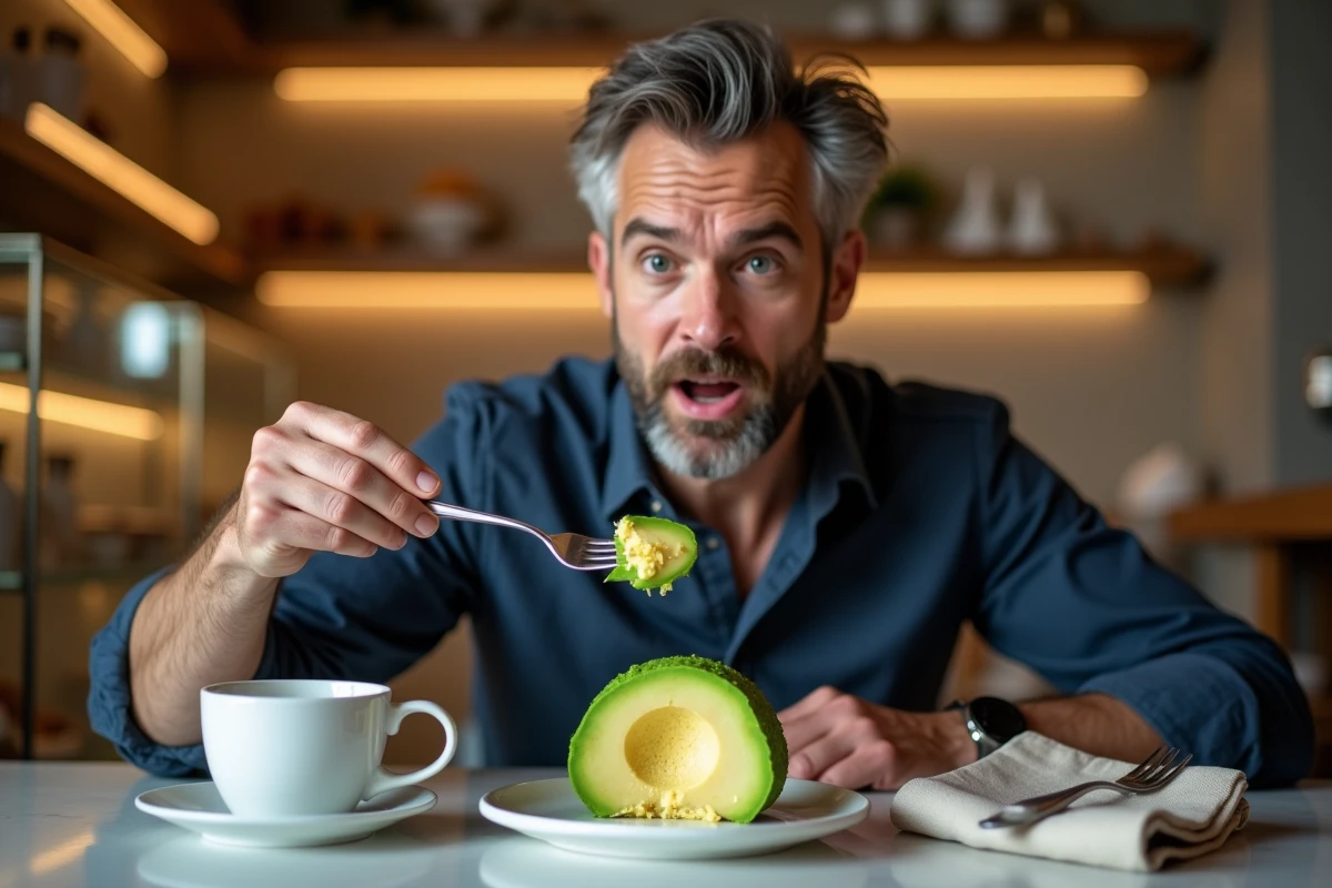 Homme surpris en train de couper un gâteau trompe l'oeil réaliste en forme d'avocat dans un café moderne
