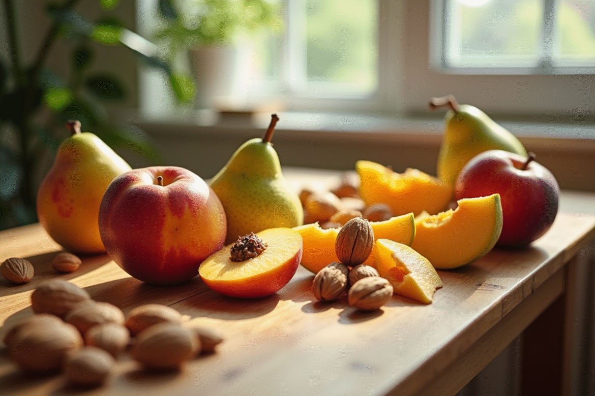 Table en bois avec fruits frais nectarines et nashi