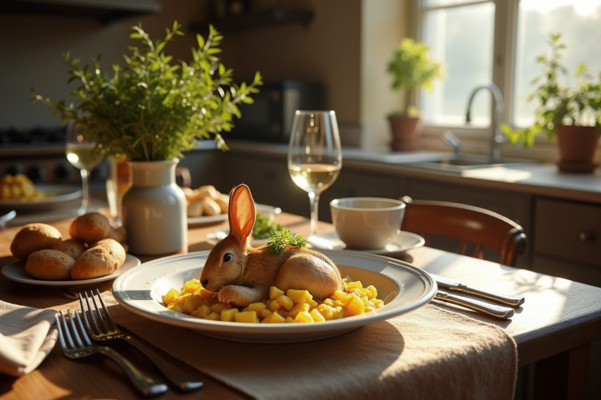 Table rustique française avec plat de lapin en sauce moutarde
