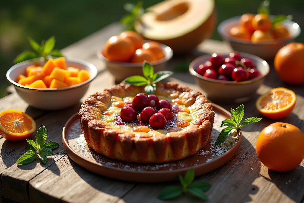 Table rustique avec clafoutis aux cerises et fruits