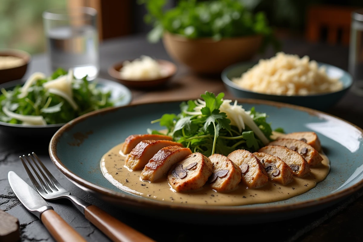 Table dressée pour deux avec un plat de poulet poêlé en sauce aux champignons, riz basmati et salade de roquette au parmesan sur ardoise sombre
