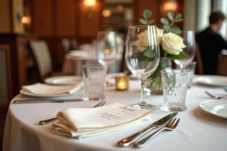 Table élégamment dressée dans un restaurant parisien raffiné avec vaisselle en cristal, argenterie polie et menu doré pour une grande occasion