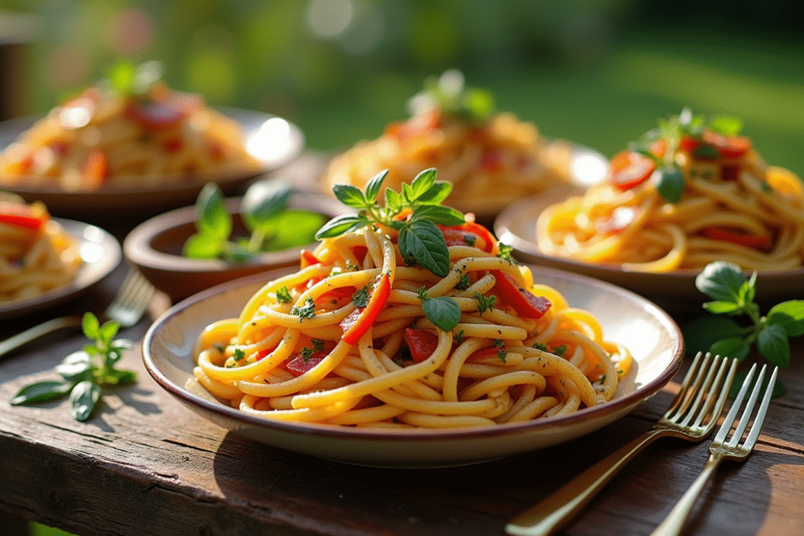 Table en plein air avec pâtes aux légumes colorés et herbes fraîches