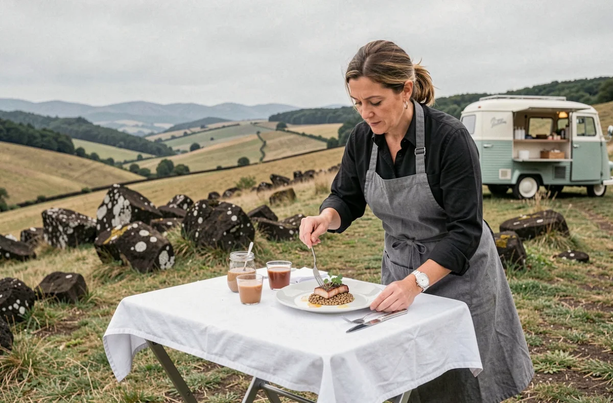 Cheffe cuisinant pour une table gastronomique itinérante en pleine campagne auvergnate devant un paysage volcanique