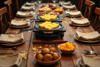 Table raclette dressée pour 10 personnes avec fromage, charcuterie et pommes de terre