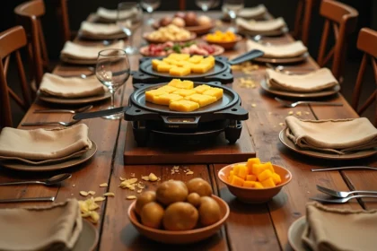 Table raclette dressée pour 10 personnes avec fromage, charcuterie et pommes de terre