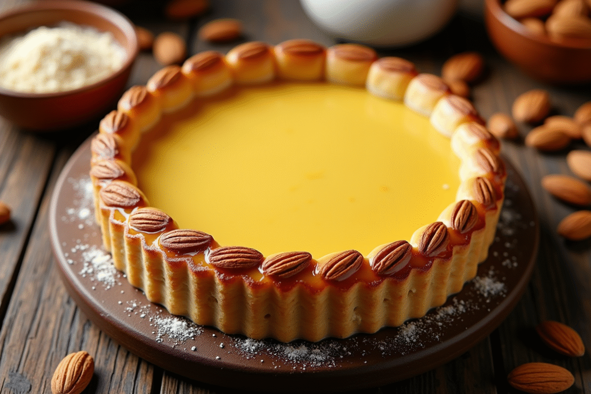 Tarte aux amandes dorée vue de dessus avec ingrédients