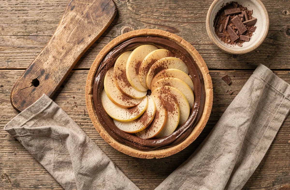 Tarte poire chocolat vue de dessus sur table en bois avec napkin lin et copeaux de chocolat