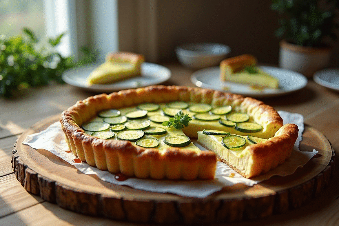 Tarte zucchini et chèvre fraîche servie sur une table rustique