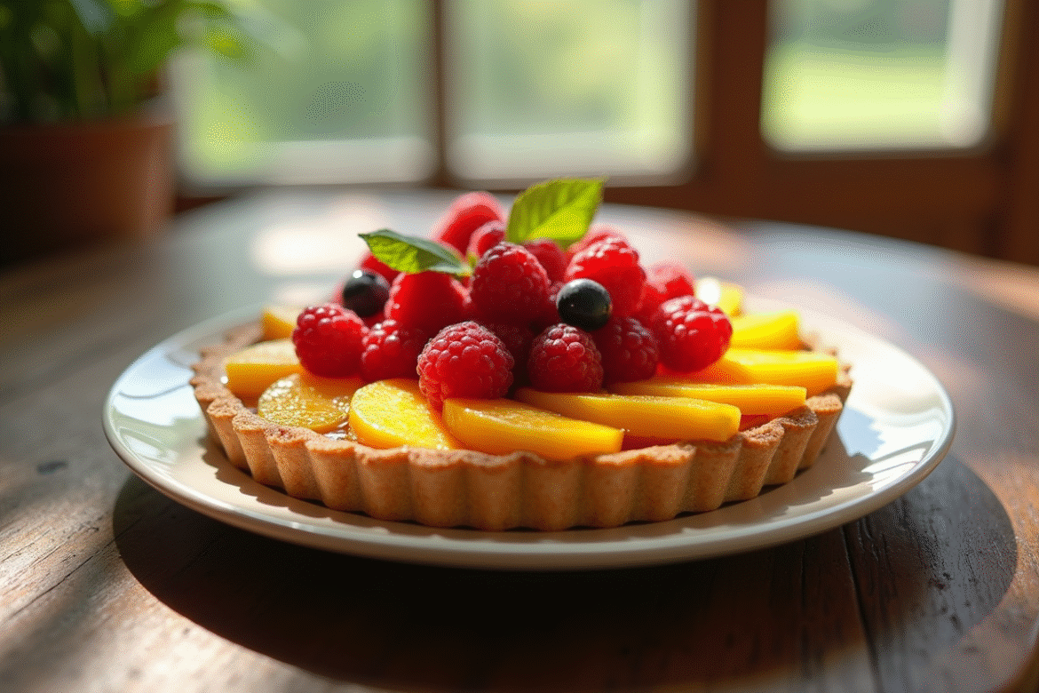Tartelette garnie de fruits rouges et mangue sur table en bois