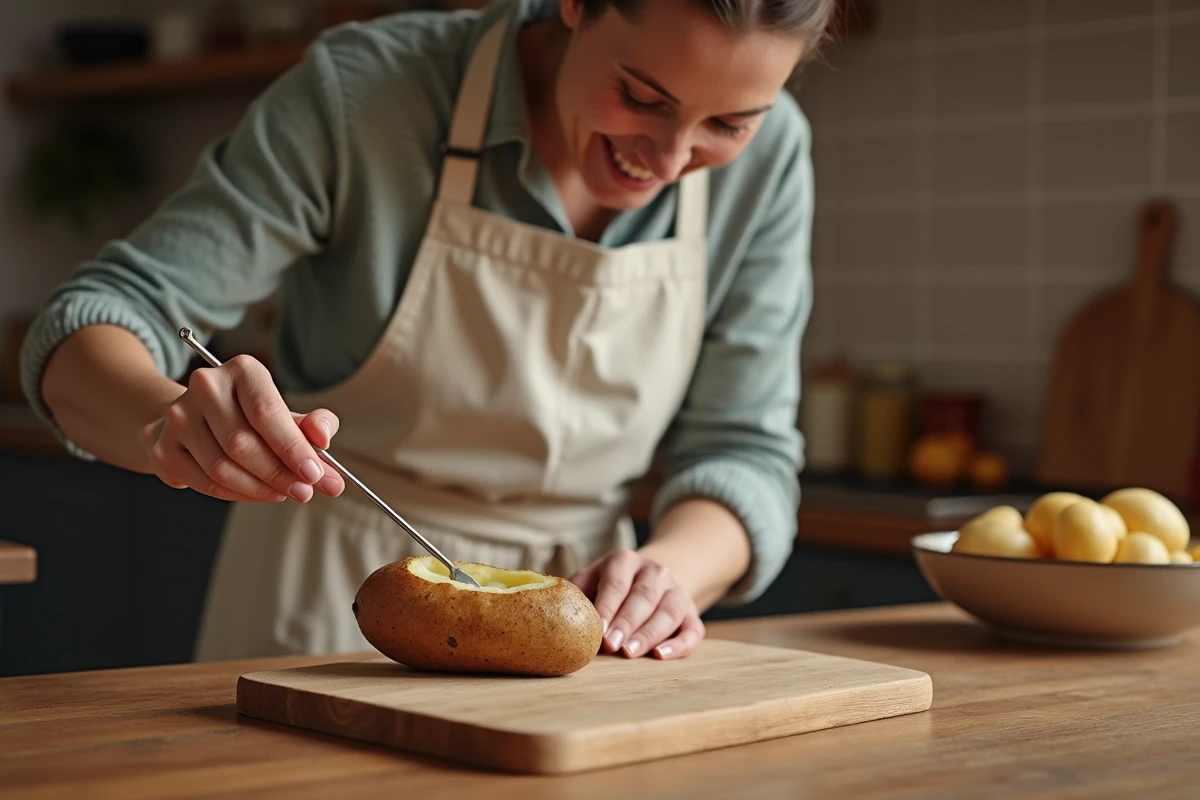 Femme testant la cuisson d'une pomme de terre au four avec une pique en métal sur une planche en bois dans une cuisine rustique
